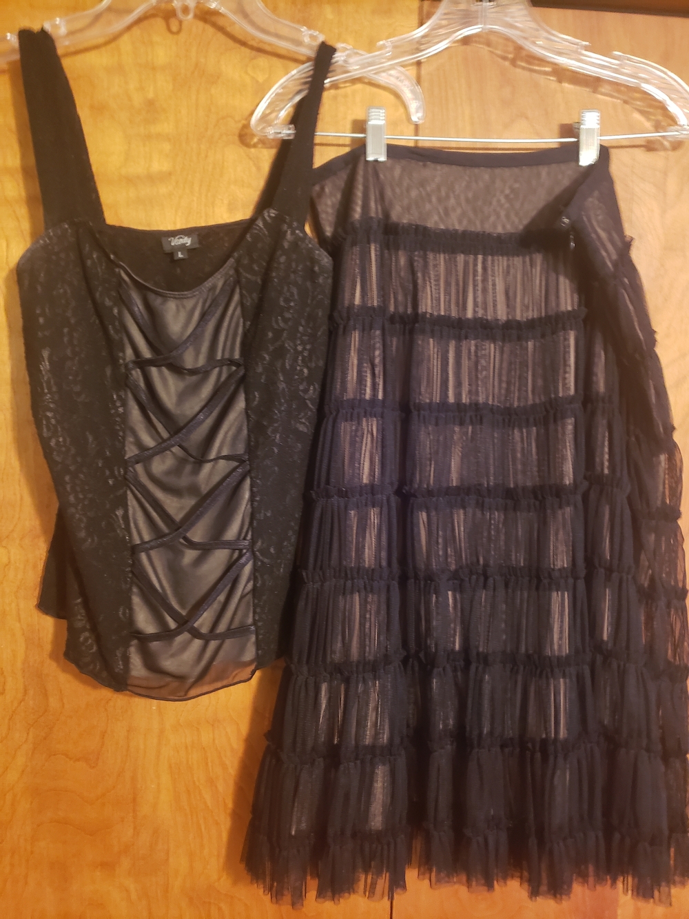 WD.NY/Vanity Black Lace-Trim Mesh Two-Piece Set